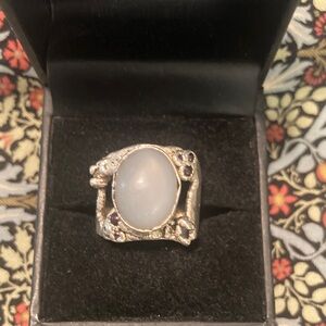 Elegant Silver moonstone and garnet Gemstone Ring, size 6 1/2-7. Artisan made.